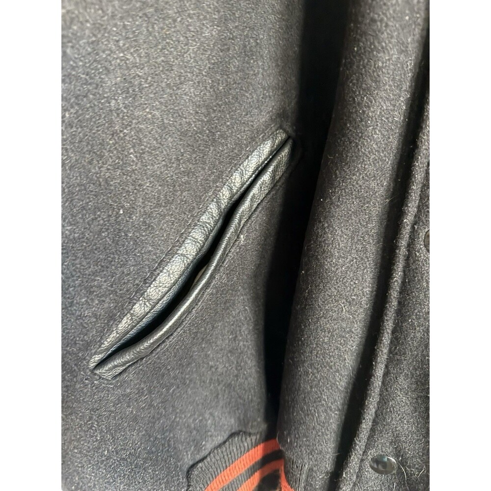 Vintage  DeLONG Varsity Jacket 3XL Black Red Leather Sleeves USA Made - Picture 4 of 6